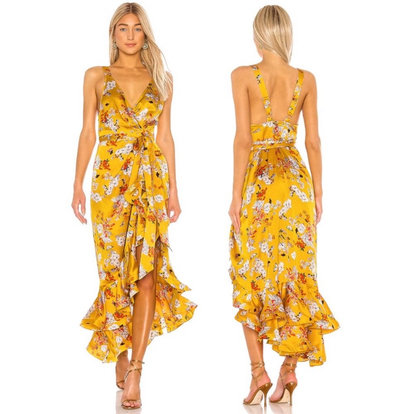 Bronx & Banco Narciss Yellow Satin Floal Print Wrap Ruffle Maxi Dress